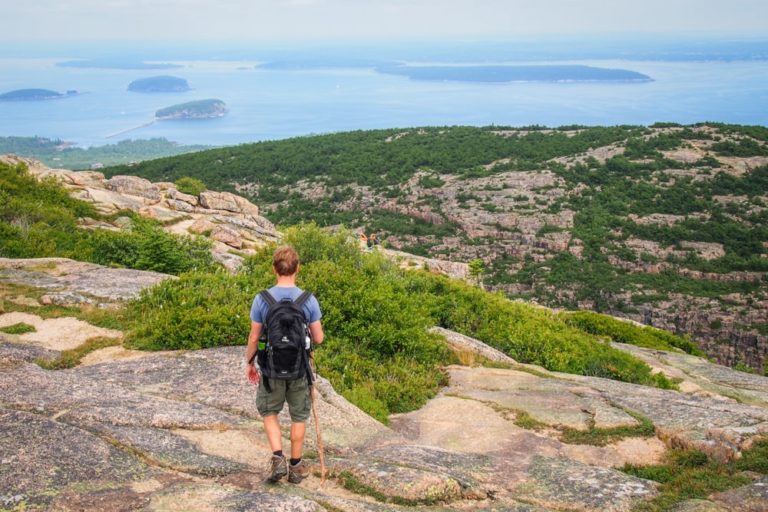 Hiker on the Cadillac Mountain South Ridge Trail in Acadia National Park, Maine