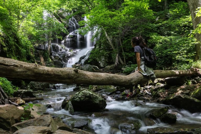 Hiker at Lower Doyles River Falls, Shenandoah National Park