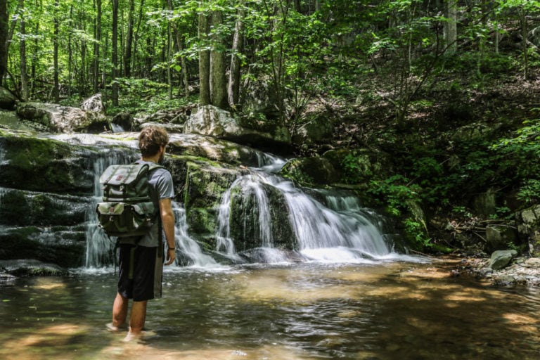 Backpacker at Hogcamp Branch, Shenandoah National Park