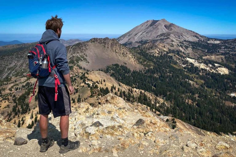 Brokeoff Mountain summit hiker Bram in Lassen Volcanic National Park, Northern California