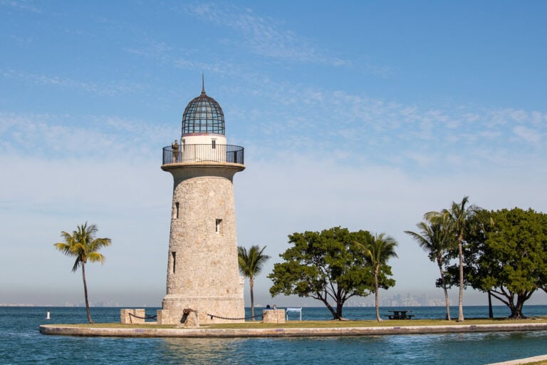 Boca Chita Key Lighthouse and Miami skyline in Biscayne National Park near Miami, Florida