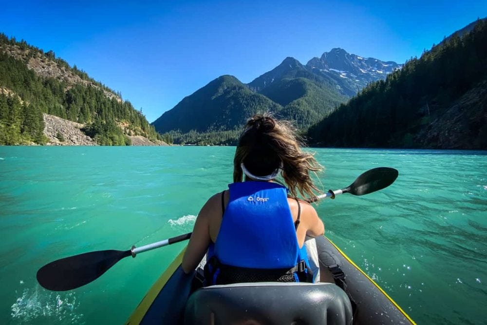 Kayaking on Diablo Lake, North Cascades, Washington