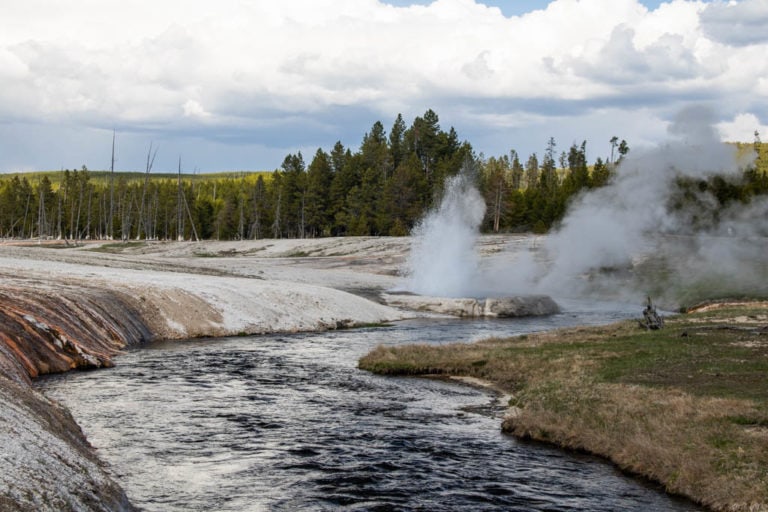 Cliff Geyser eruption at Black Sand Basin in Yellowstone National Park