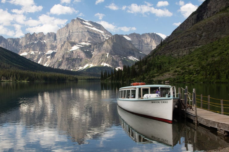 Historic boat ferry Morning Eagle on Lake Josephine at Many Glacier, Glacier National Park