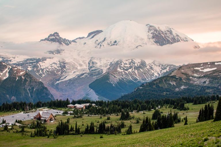 View of Mount Rainier from Yakima Park at Sunrise in Mount Rainier National Park, WA