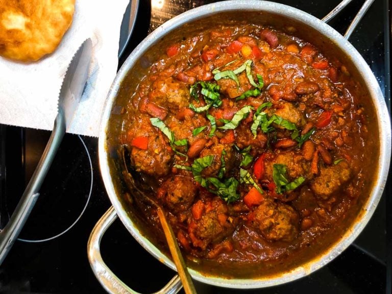 Bison meatballs in smoky pepper beans sauce recipe with fry bread