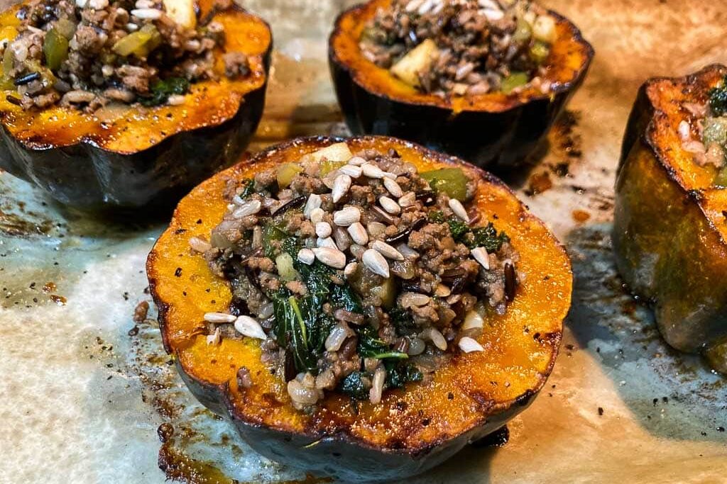 Wild rice and bison stuffed acorn squash inspired by Theodore Roosevelt National Park