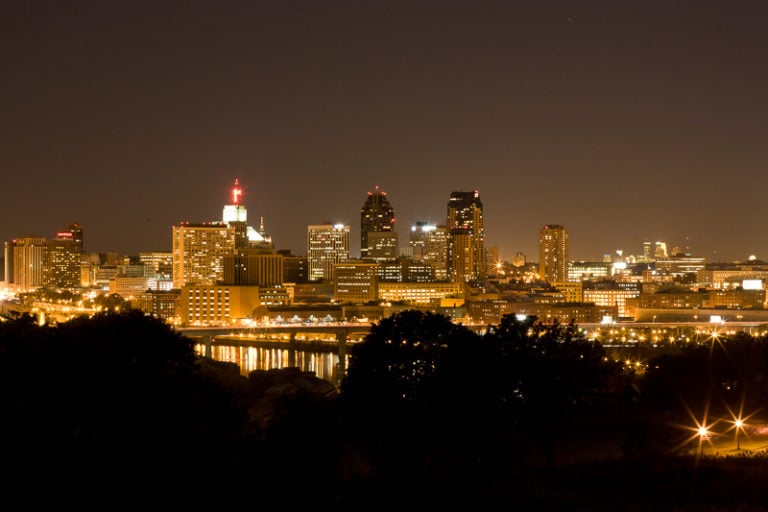 Mississippi River at night in Minneapolis - St. Paul - Credit NPS Gordon Dietzman