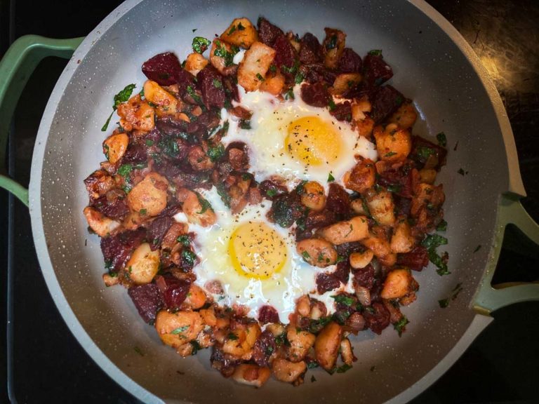 Acadia National Park-inspired red flannel hash recipe with beets, potatoes and eggs