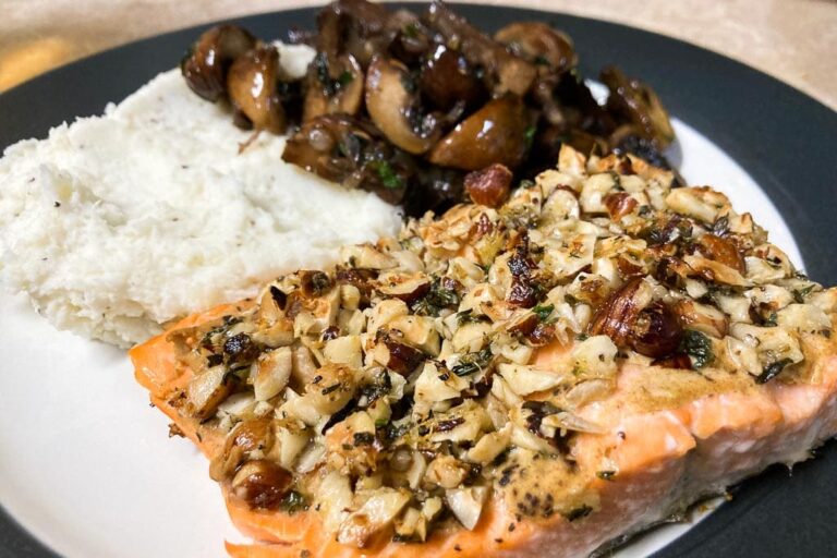 Hazelnut crusted coho salmon recipe with mushrooms and mashed potatoes