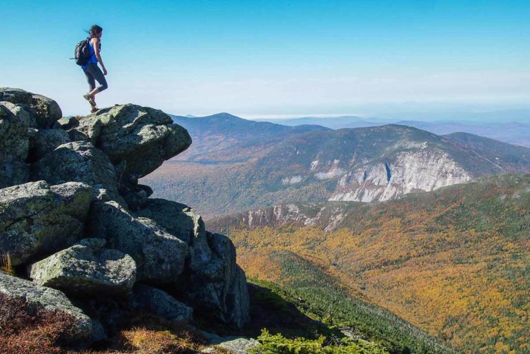 Day hiker on the Appalachian National Scenic Trail in the White Mountains, New Hampshire, New England