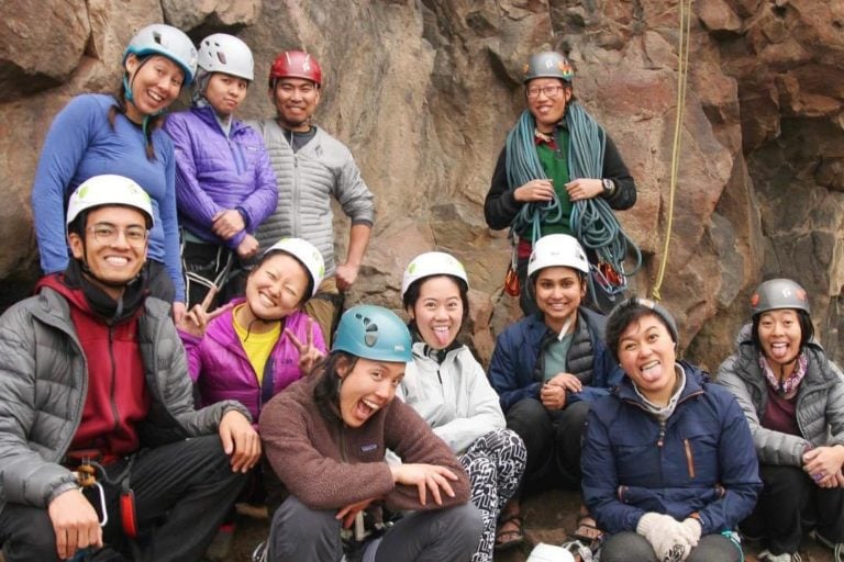 Outdoor Asian rock climbers