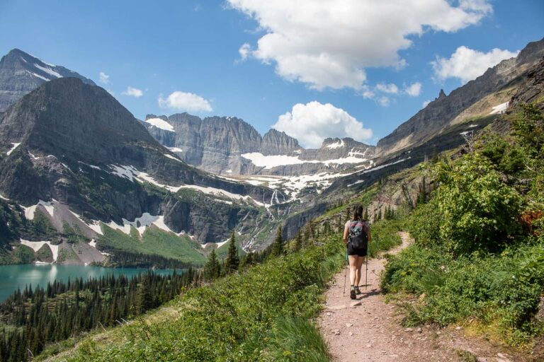 Grinnell Glacier Trail hiker in Many Glacier, Glacier National Park