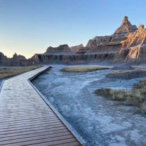 Window Trail boardwalk at sunrise, Badlands National Park, South Dakota