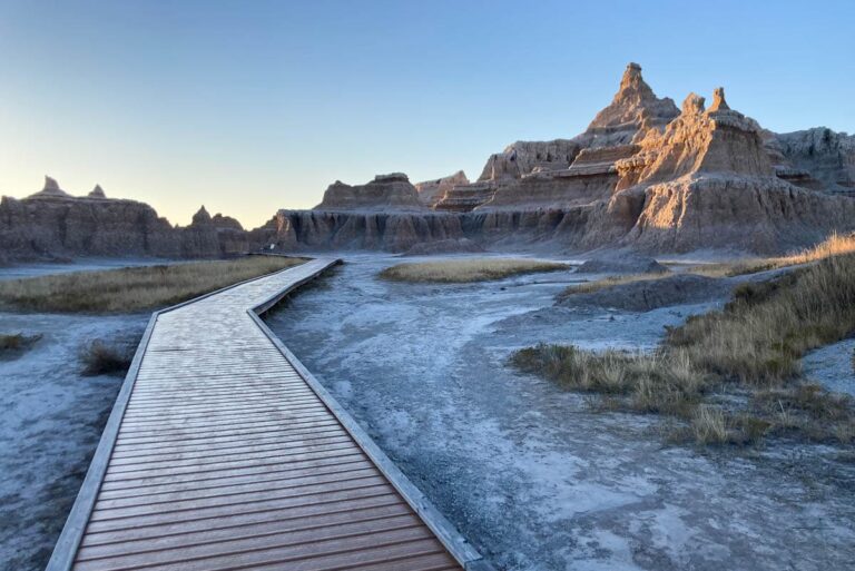 Window Trail boardwalk at sunrise, Badlands National Park, South Dakota