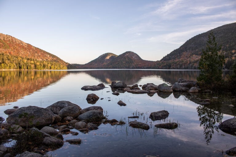 Sunrise at Jordan Pond in fall, Acadia National Park, Maine