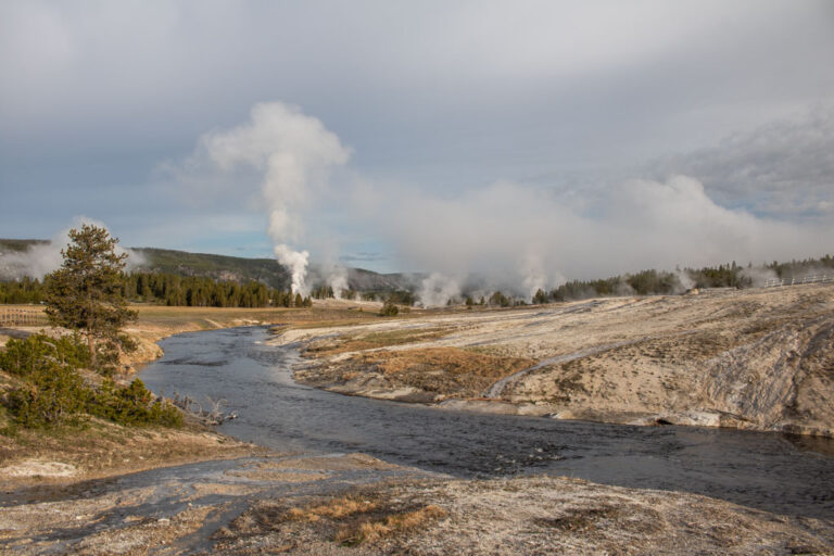 Firehole River geysers at sunrise, Upper Geyser Basin, Yellowstone National Park