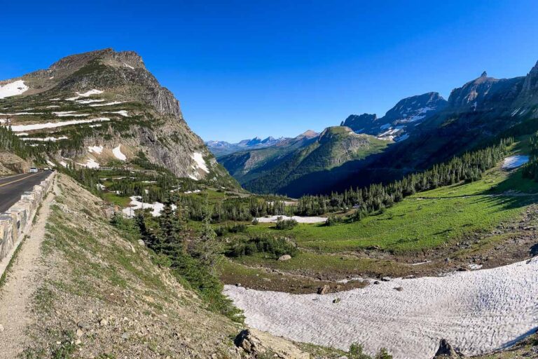 Highline Trail and Going-to-the-Sun Road panorama on Logan Pass, Glacier National Park