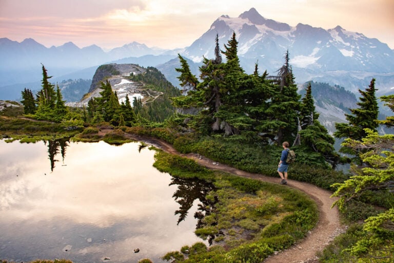 Hiker on the Table Mountain Trail, one of the best day hikes at Mount Baker, Mt. Baker-Snoqualmie National Forest, Washington State