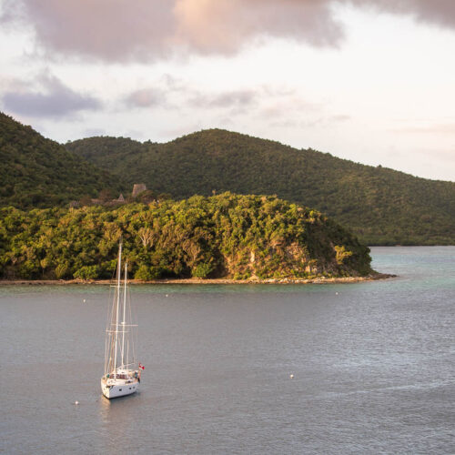 Sailboat in Waterlemon Bay at sunrise, Virgin Islands National Park