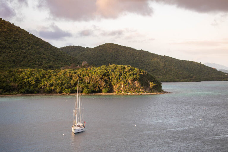 Sailboat in Waterlemon Bay at sunrise, Virgin Islands National Park