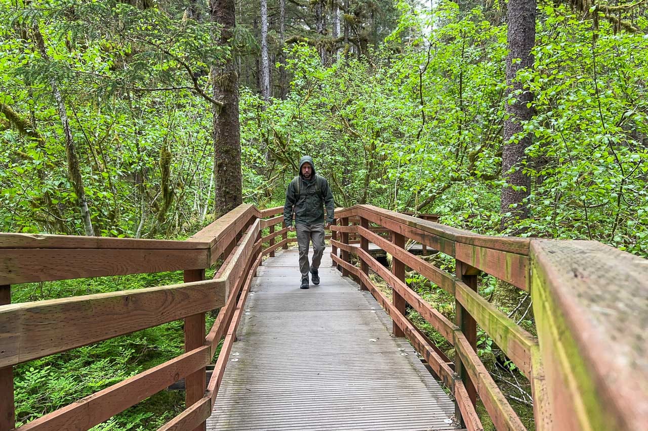 Hiker on the boardwalk on the Forest Trail in Bartlett Cove, Glacier Bay National Park