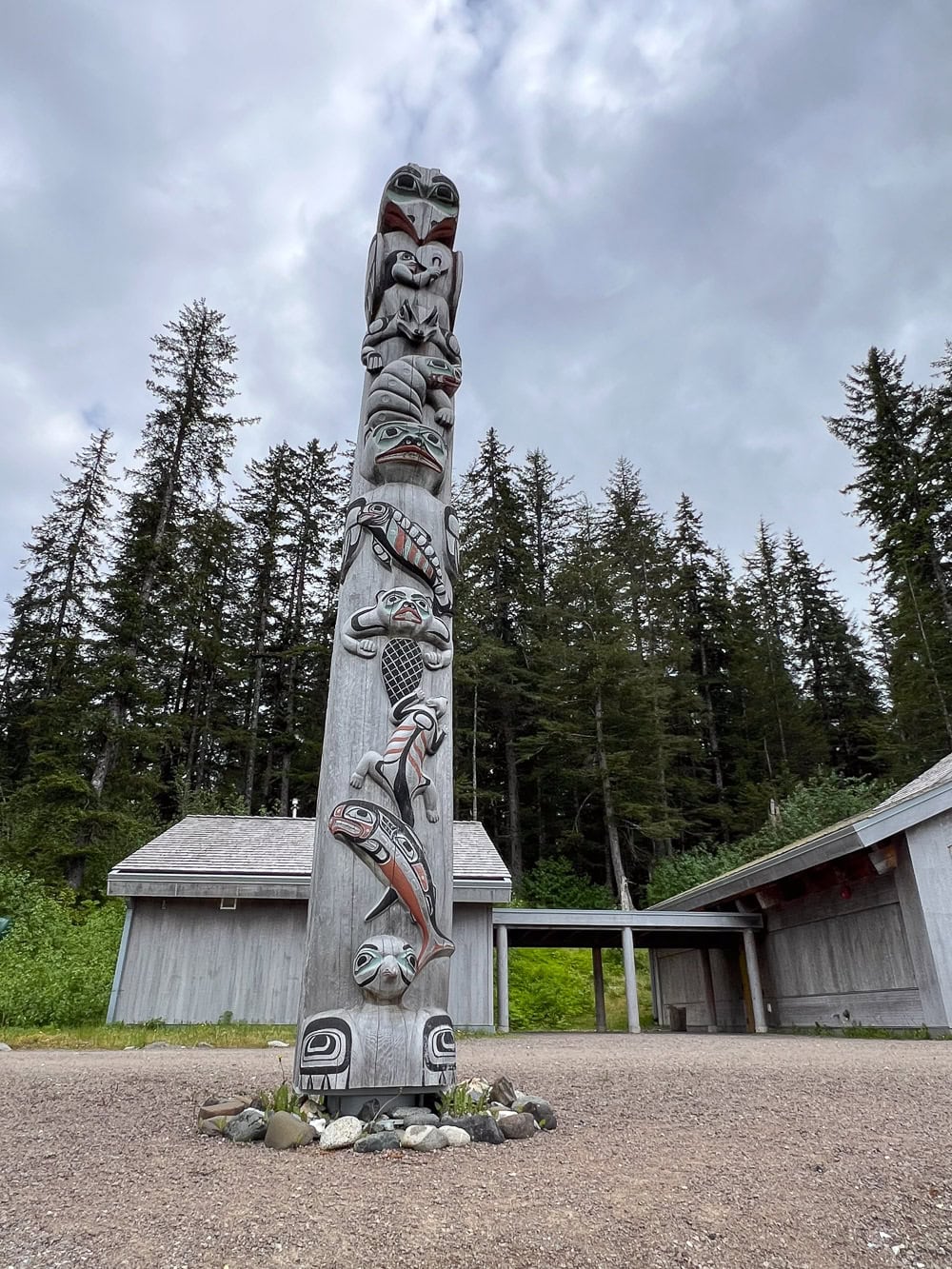 Raven Totem Pole at the Huna Tribal House in Bartlett Cove, Glacier Bay National Park, Alaska