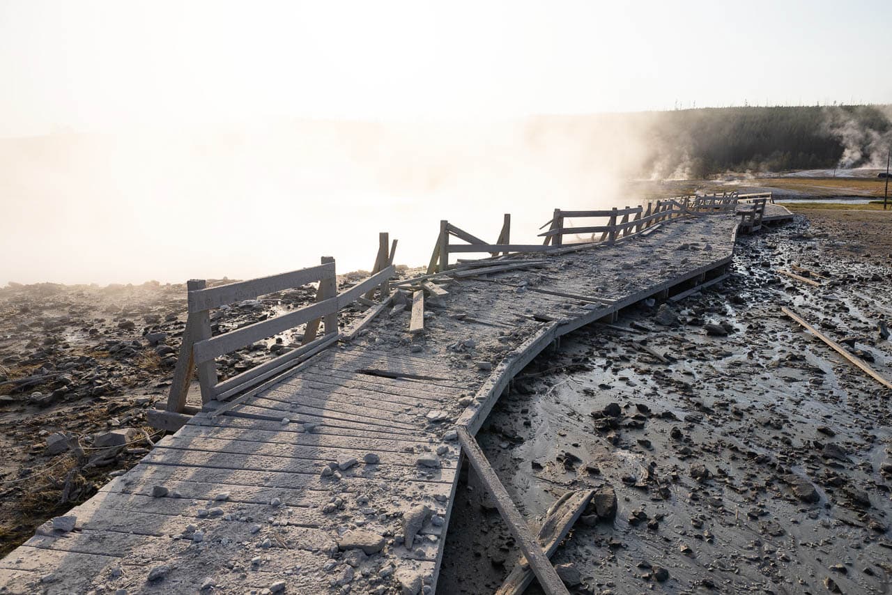 Biscuit Basin boardwalk damage after hydrothermal explosion in Yellowstone - Image credit: NPS / Jacob W. Frank