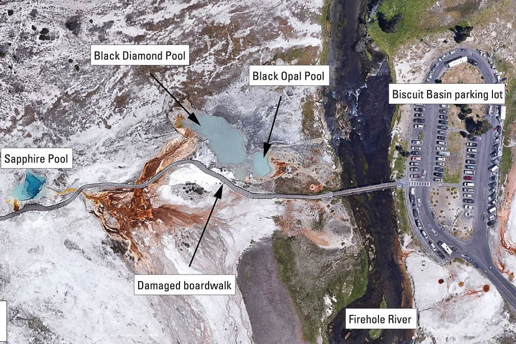 Biscuit Basin hydrothermal explosion location map - Image credit: USGS