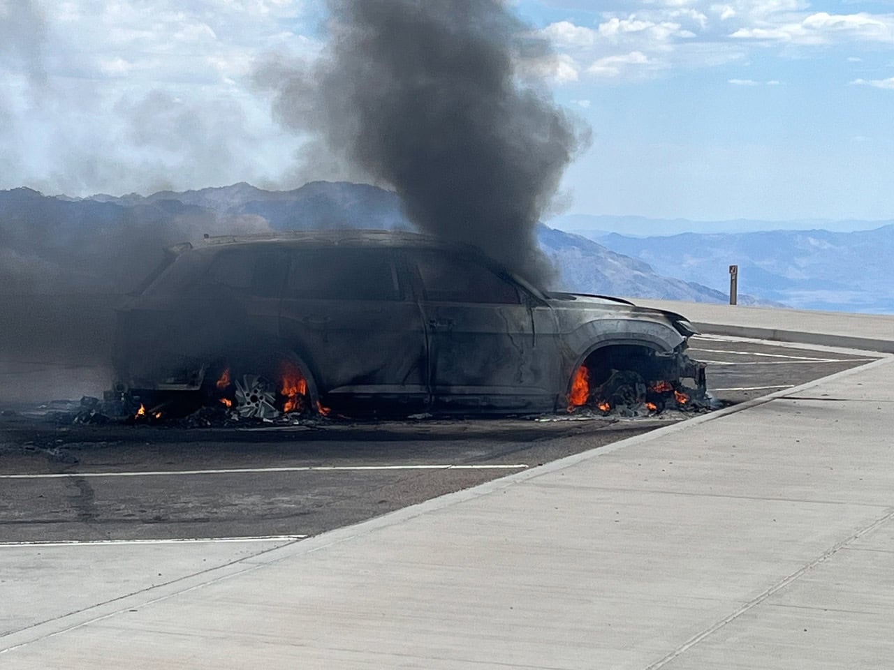 Car fire at Dante's View in Death Valley National Park, one of several incidents and events in Death Valley National Park this July - Image credit: NPS