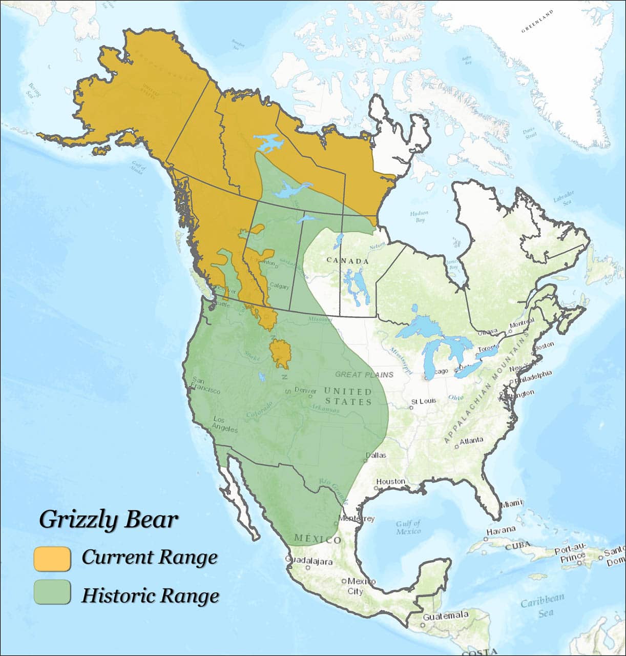 Historical and Current Grizzly Bear Range - Image credit USGS