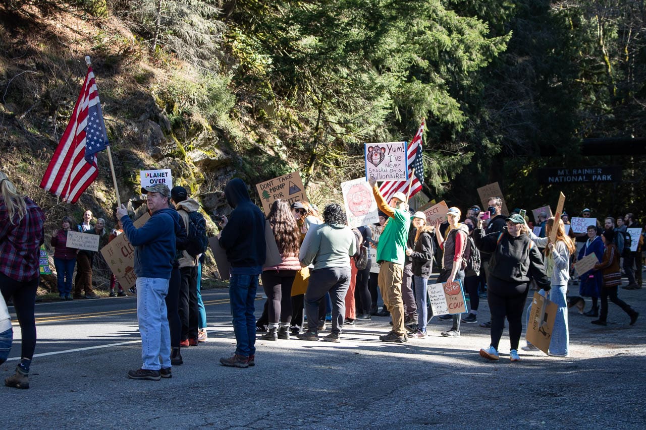 Public lands lovers protest mass layoffs in the National Park Service at Mount Rainier on March 1, 2025